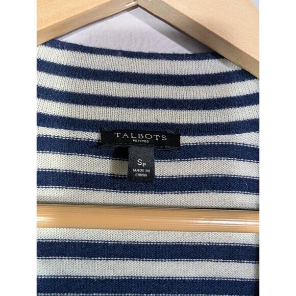 Talbots Navy Blue White Stripe Sz SP Open Cardigan Sweater Nautical Lambswool 91 - Picture 3 of 6